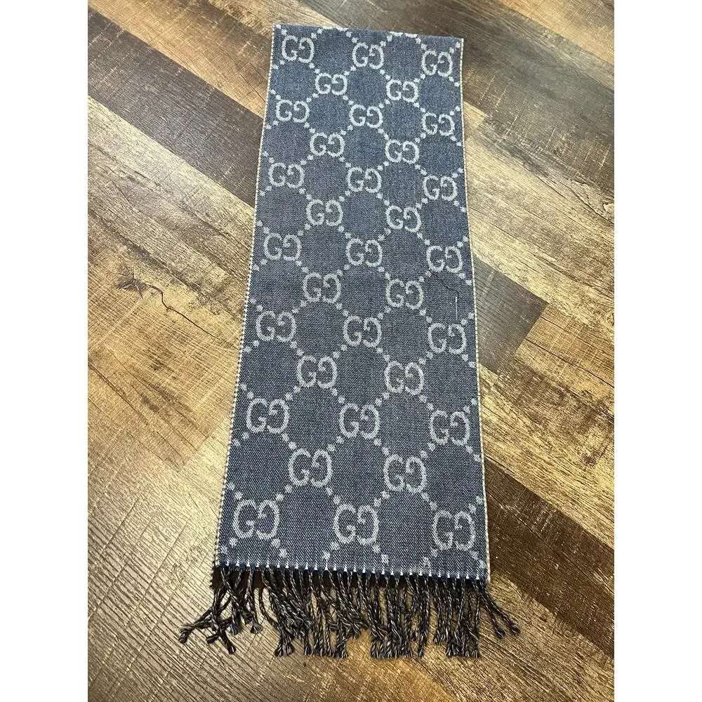 GUCCI Jacquard GG Pattern Reversible Wool Scarf In Blue & Brown Made In Italy